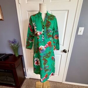 Green Floral Print Long Sleeve Midi Dress Mandarin Collar Pockets Side Slit